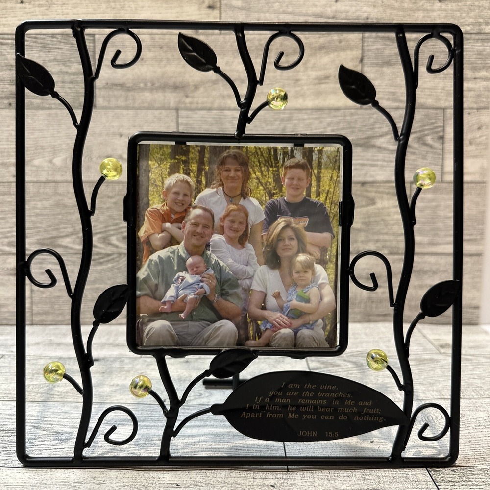 Vine & Branches 8" Metal Picture Frame For 4" Photo w/ Verse John 15:5 Vintage